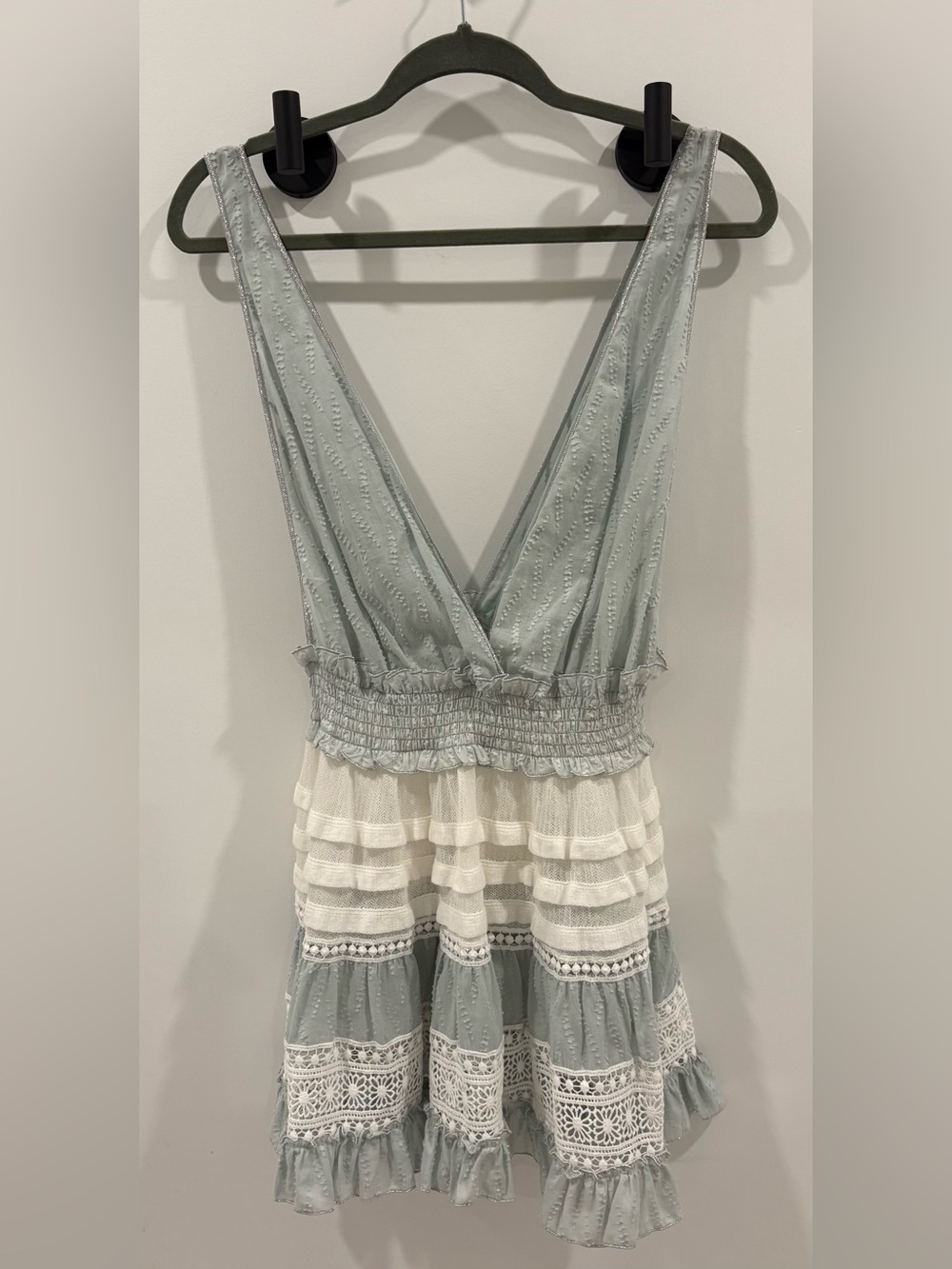 Sage and Cream Tiered V-Neck Swim Coverup Dress